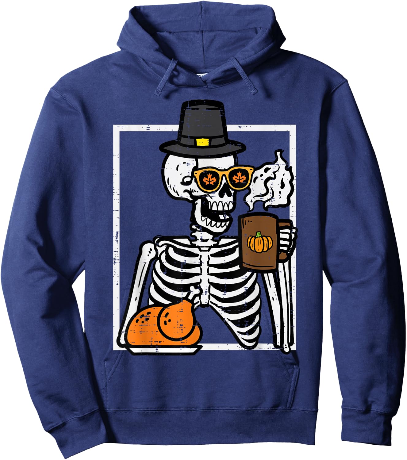 Thanksgiving Skeleton Coffee Funny Fall Men Women Kids Hoodie - Hoodie | Navy