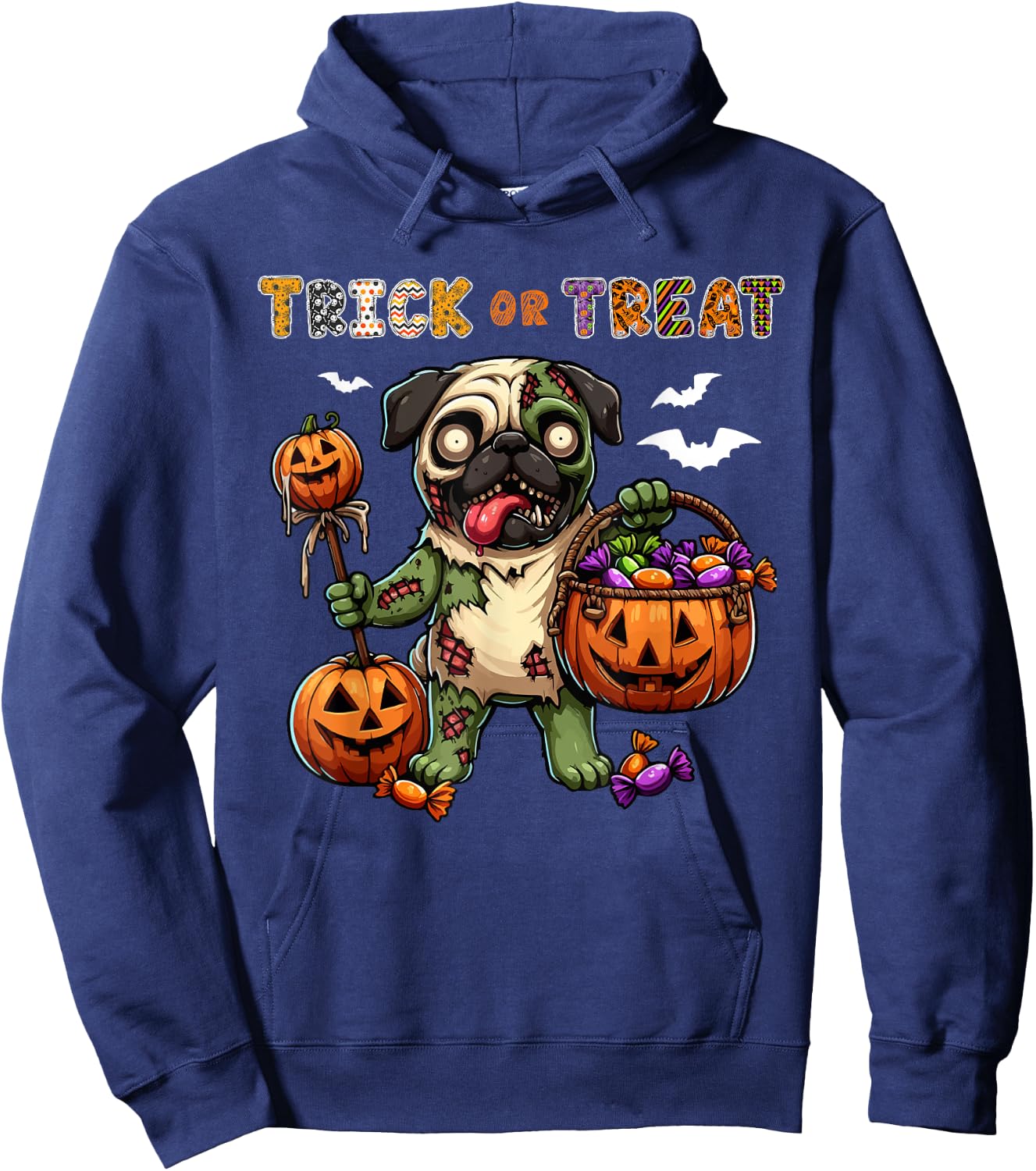 Trick Or Treat Costume Pug Horror Zombie Halloween Candies Hoodie - Hoodie | Navy