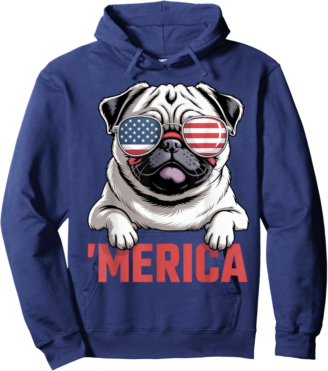 Merica Pug American Flag Patriotic USA Dog Lover Men Women Hoodie - Hoodie | Navy