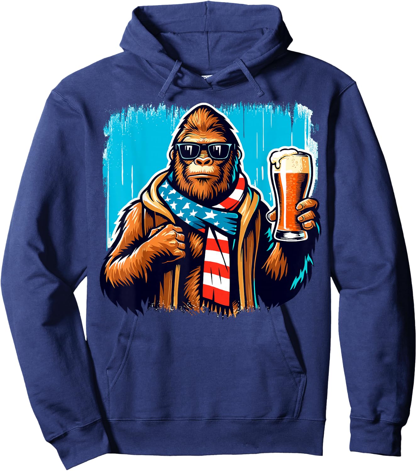 Bigfoot Holding Beer USA Flag Sasquatch 4th of July Hoodie - Hoodie | Navy