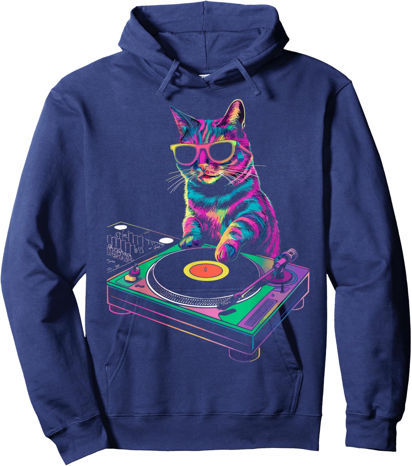 House DJ Cat Rainbow DJ Cat Kitty on Turntable Disco DJ Cat Hoodie - Hoodie | Navy