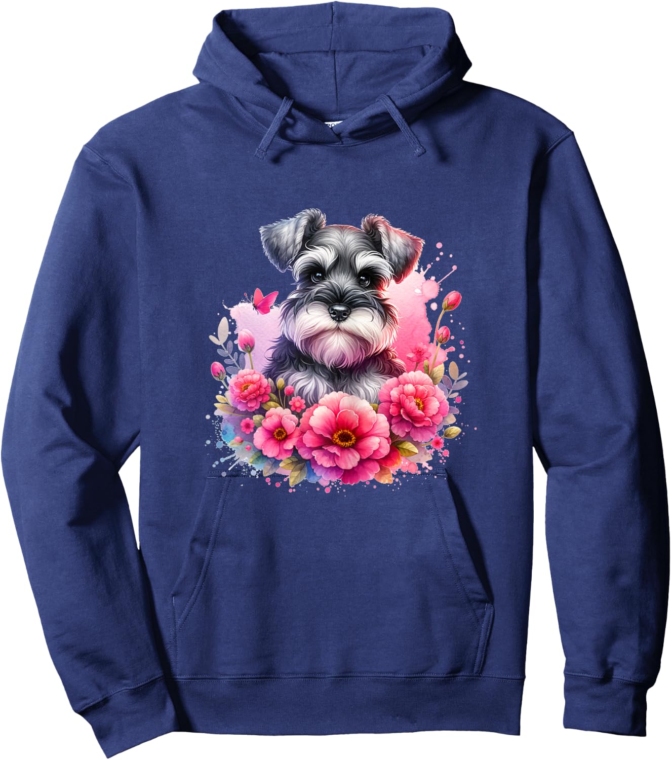 Watercolor Cute Miniature Schnauzer Dog Mom Pink Flowers Hoodie - Hoodie | Navy