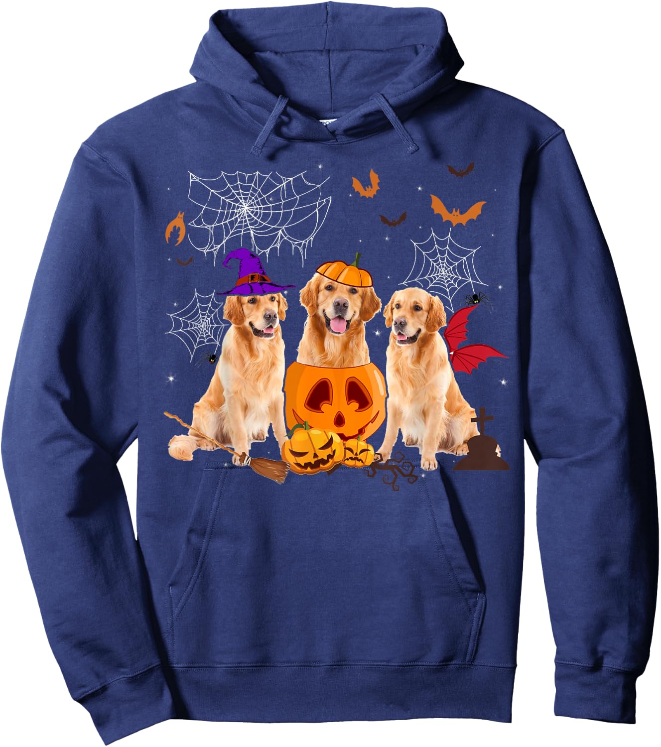 Funny Pumpkin Witch Golden Retriever Dog Halloween Gifts Women Kids Hoodie - Hoodie | Navy