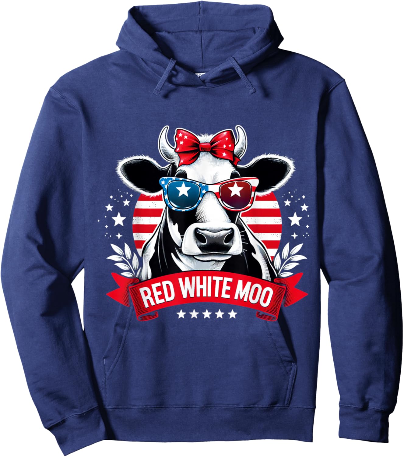 Patriotic Cow USA Flag 4th of July Red and White and Moo Hoodie - Hoodie | Navy