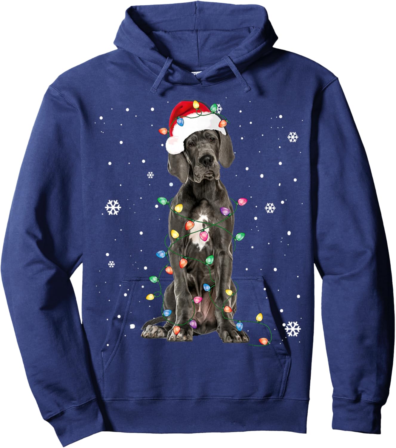 Great Dane Christmas Santa Hat Fairy Lights Pajama Dog Lover Hoodie - Hoodie | Navy