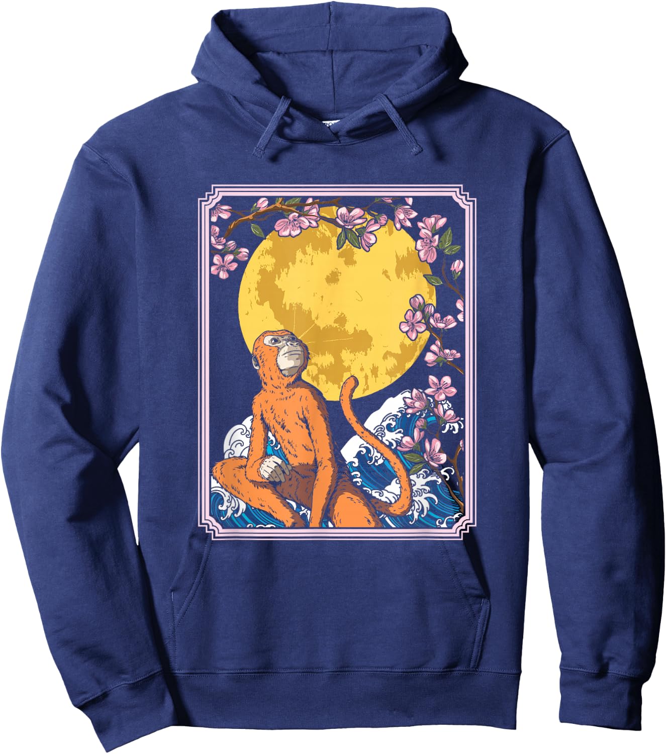 Japan Monkey Ape Animal - Primate Cherry Blossom Moon Hoodie - Hoodie | Navy