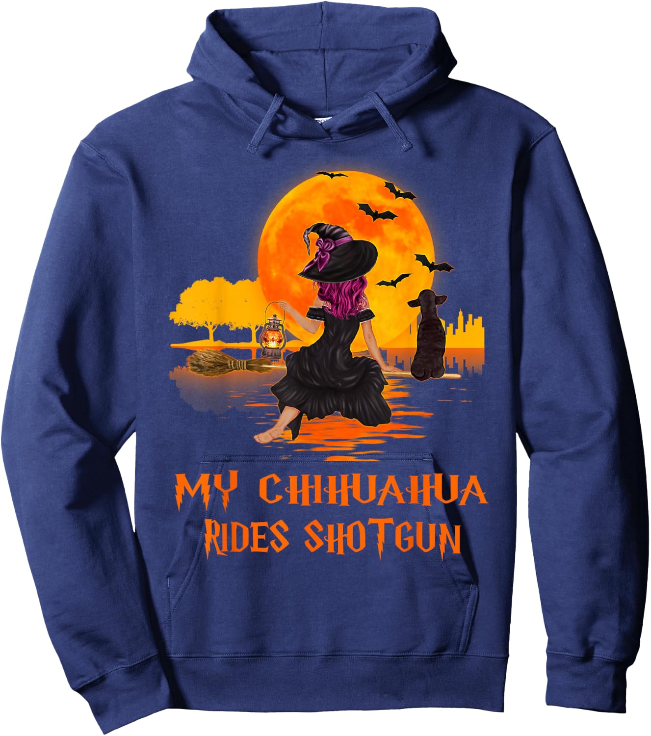 My Chihuahua Rides Shotgun Dog and Witch Funny Halloween Men Women Kids Hoodie - Hoodie | Navy