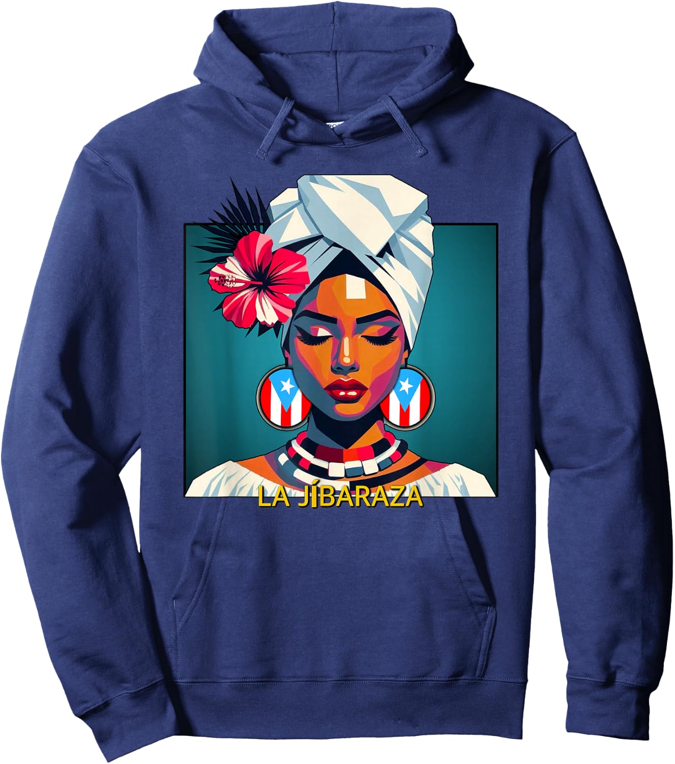 Jibaraza, Boricua Flag, Puerto Rican Jíbara Hibiscus Flower Hoodie - Hoodie | Navy
