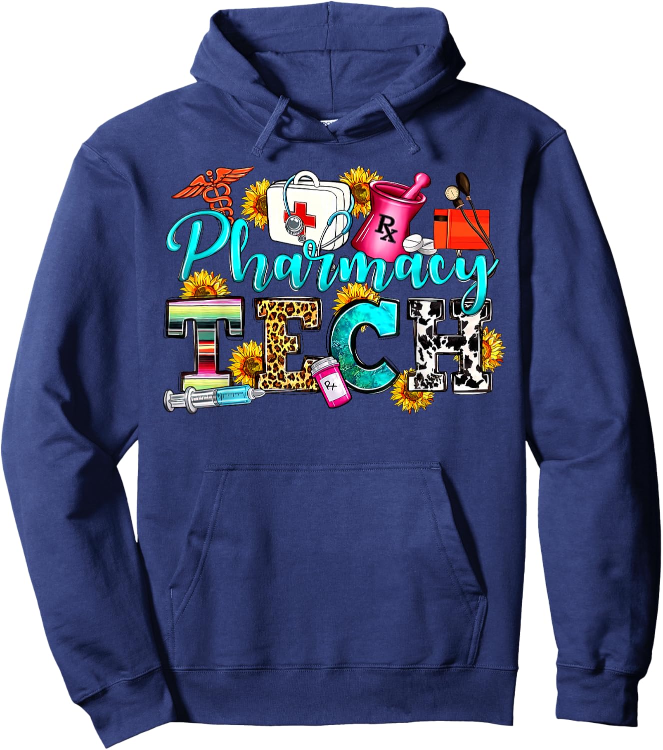 Retro Leopard Pharmacy Tech Pharmacist Certified Pharm Tech Hoodie - Hoodie | Navy
