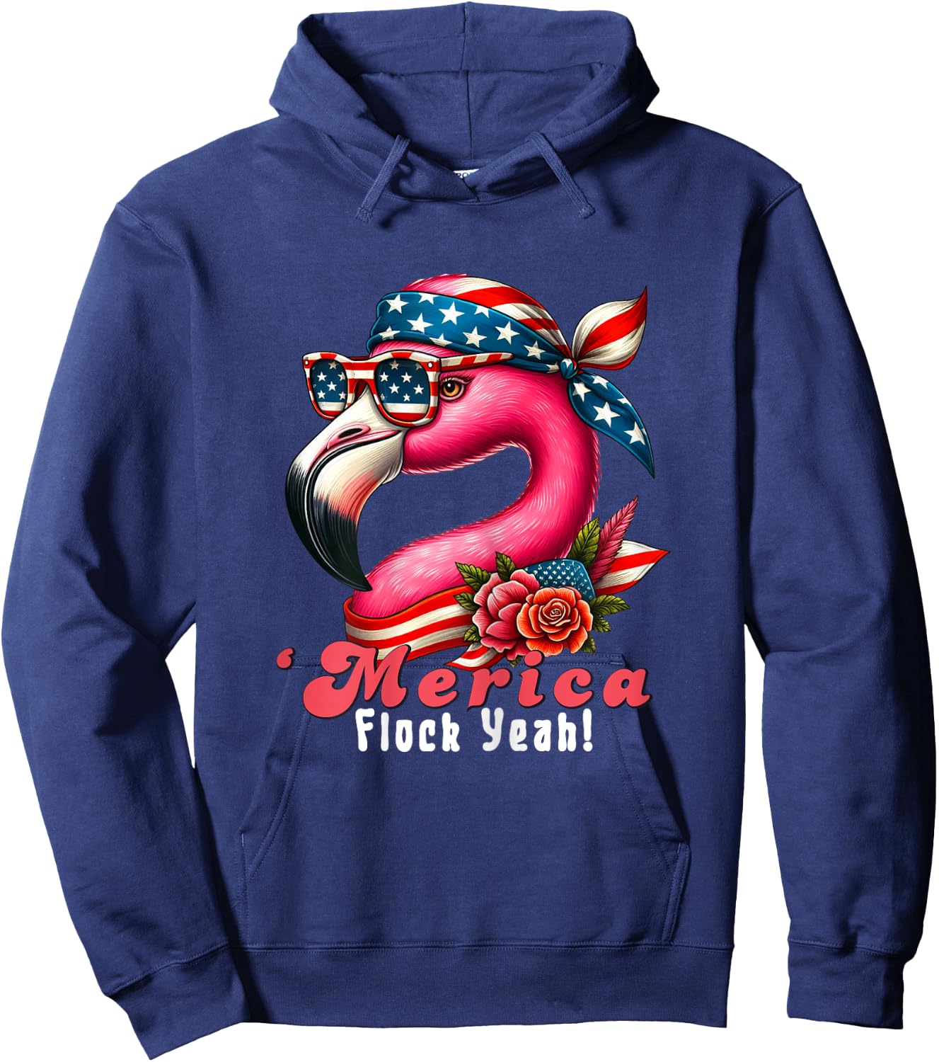 Merica Flock Yeah Patriotic Flamingo 4th of July Usa Flag Women Hoodie - Hoodie | Navy