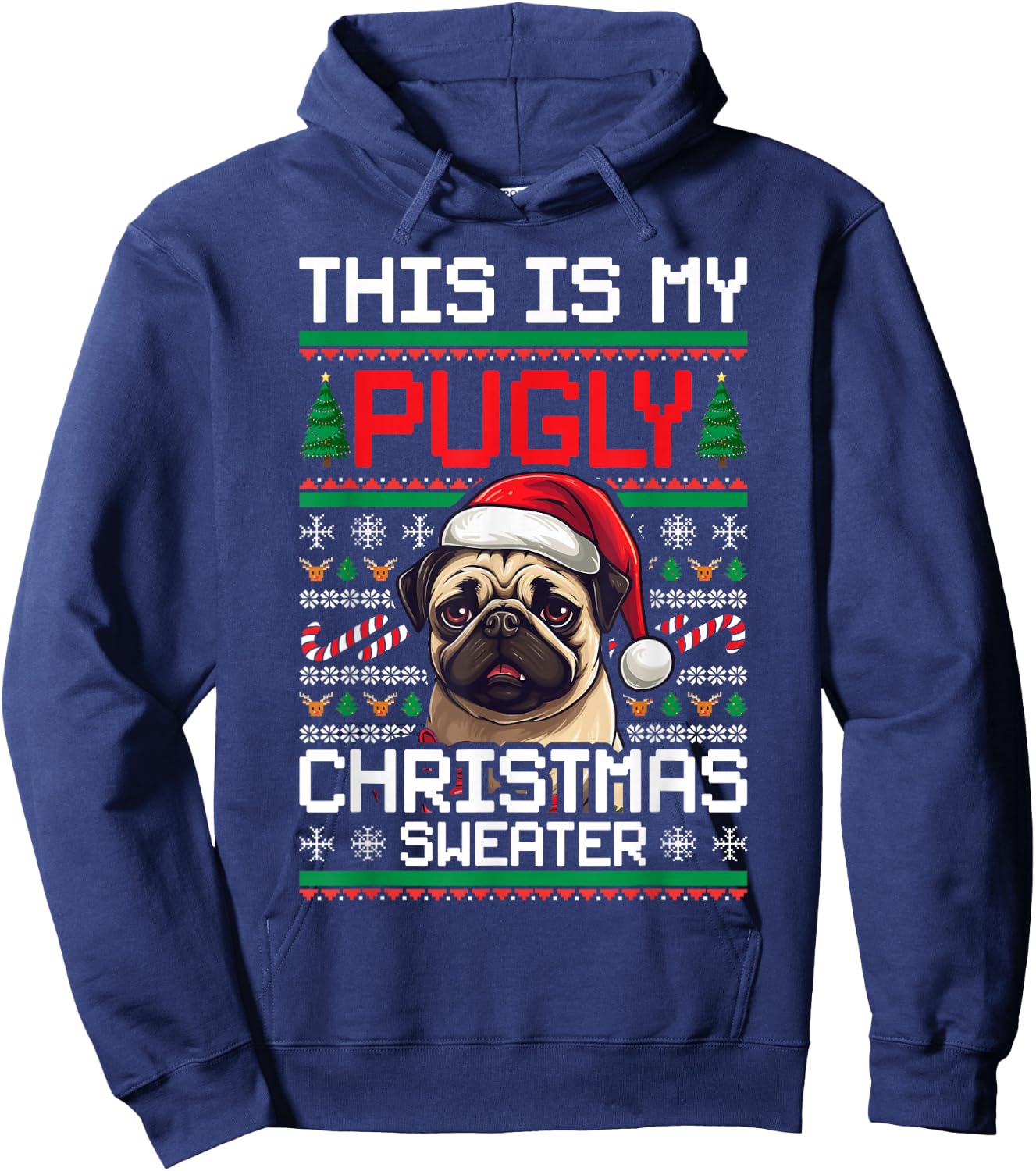 Ugly Christmas Sweater Pug Candy Cane Graphic Hoodie - Hoodie | Navy