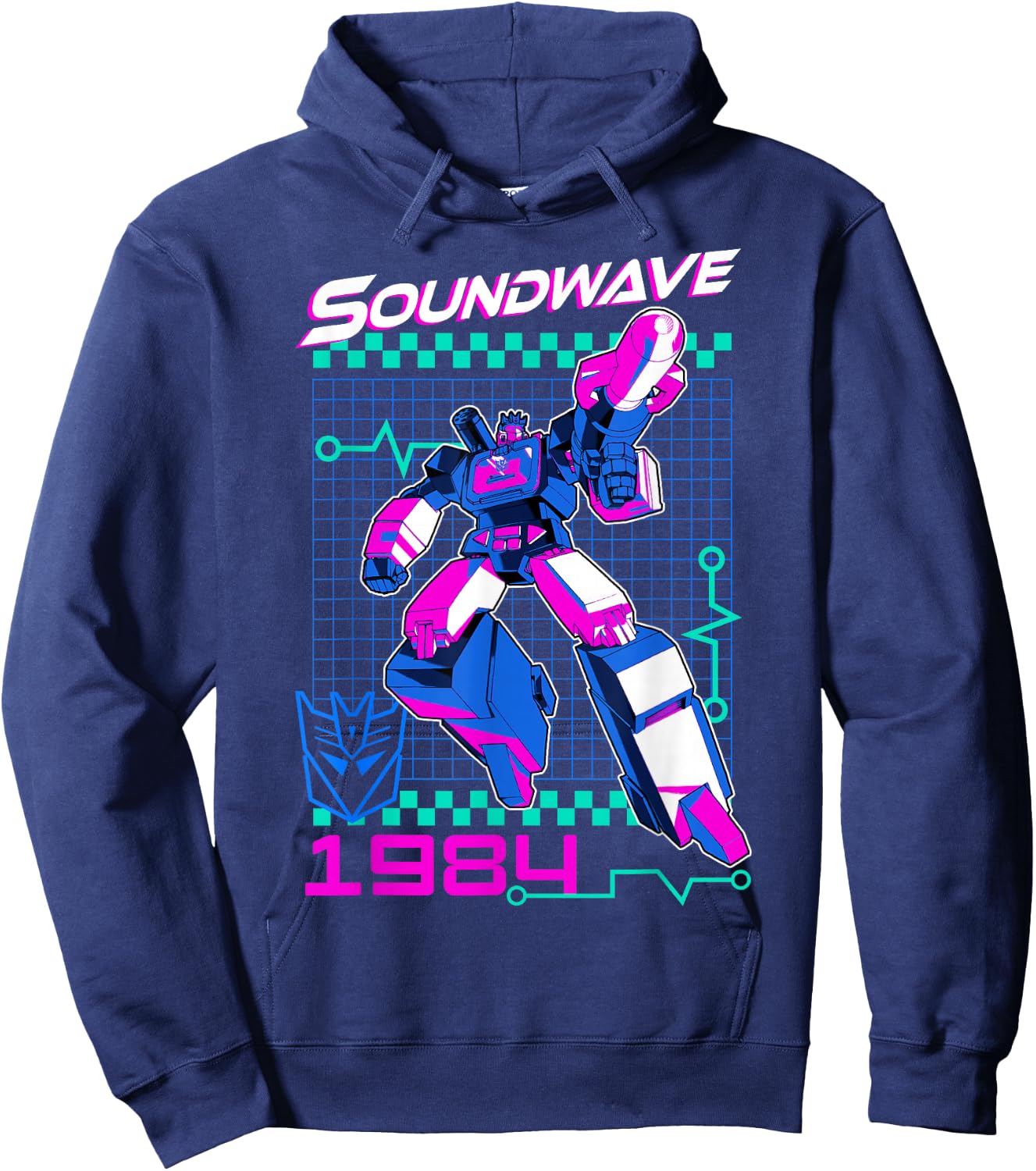 Transformers Soundwave 1984 Retro Grid Logo -Adults - Black - Small Hoodie - Hoodie | Navy