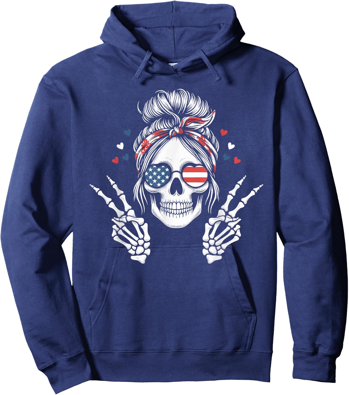 Patriotic American Flag Skull Messy Bun Peace USA 4th July Hoodie - Hoodie | Navy