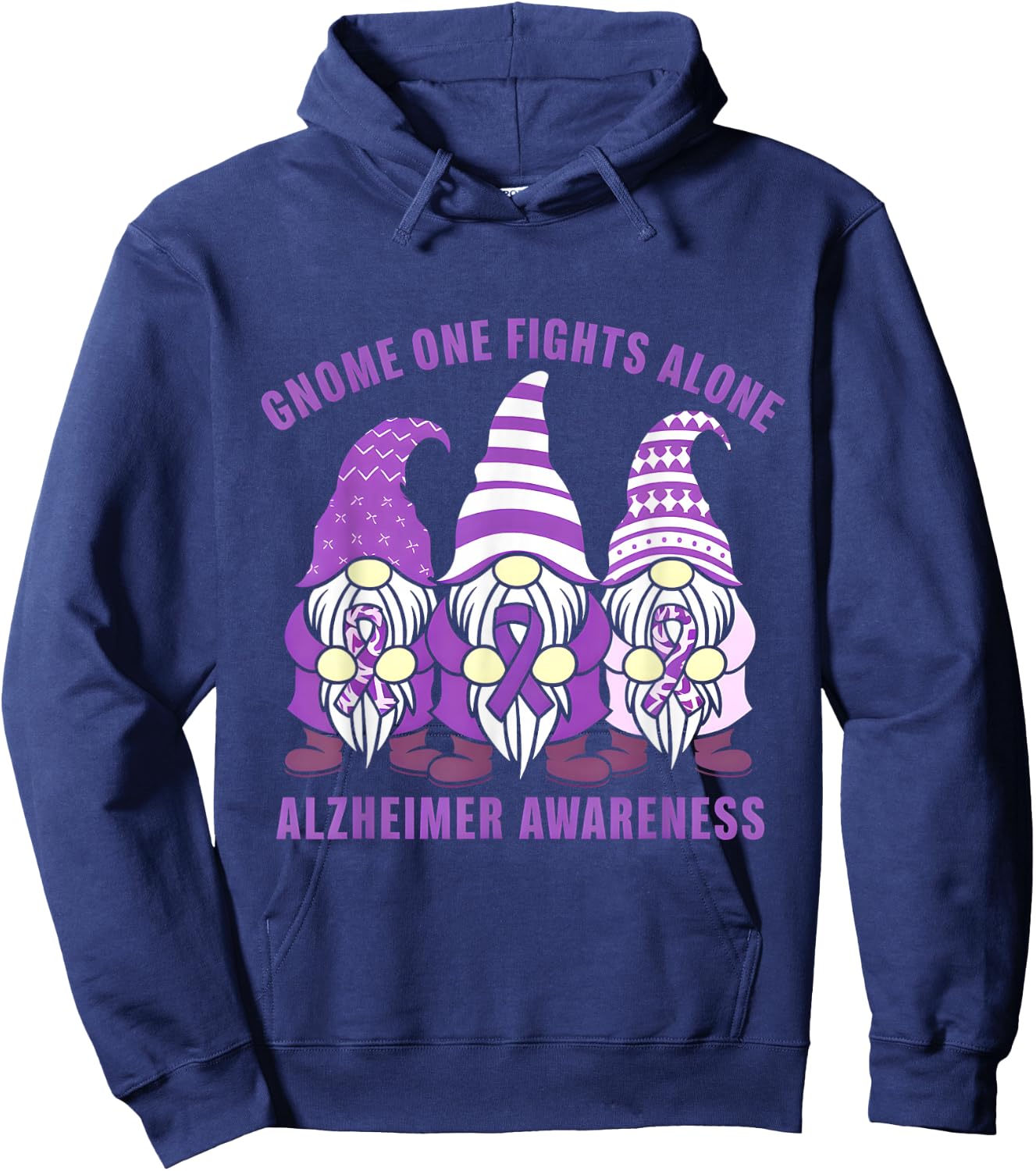 Gnome One Fights Alone Alzheimer Awareness Purple Ribbon Hoodie - Hoodie | Navy