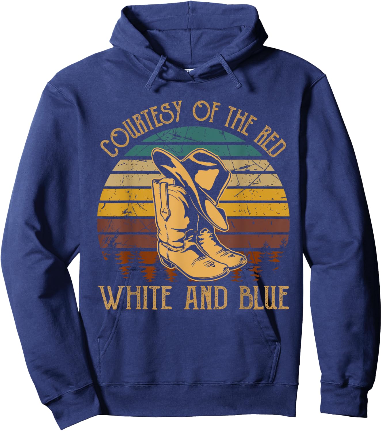 Courtesy Of The Red, White And Blue Western Cowboy Hat Boots Hoodie - Hoodie | Navy
