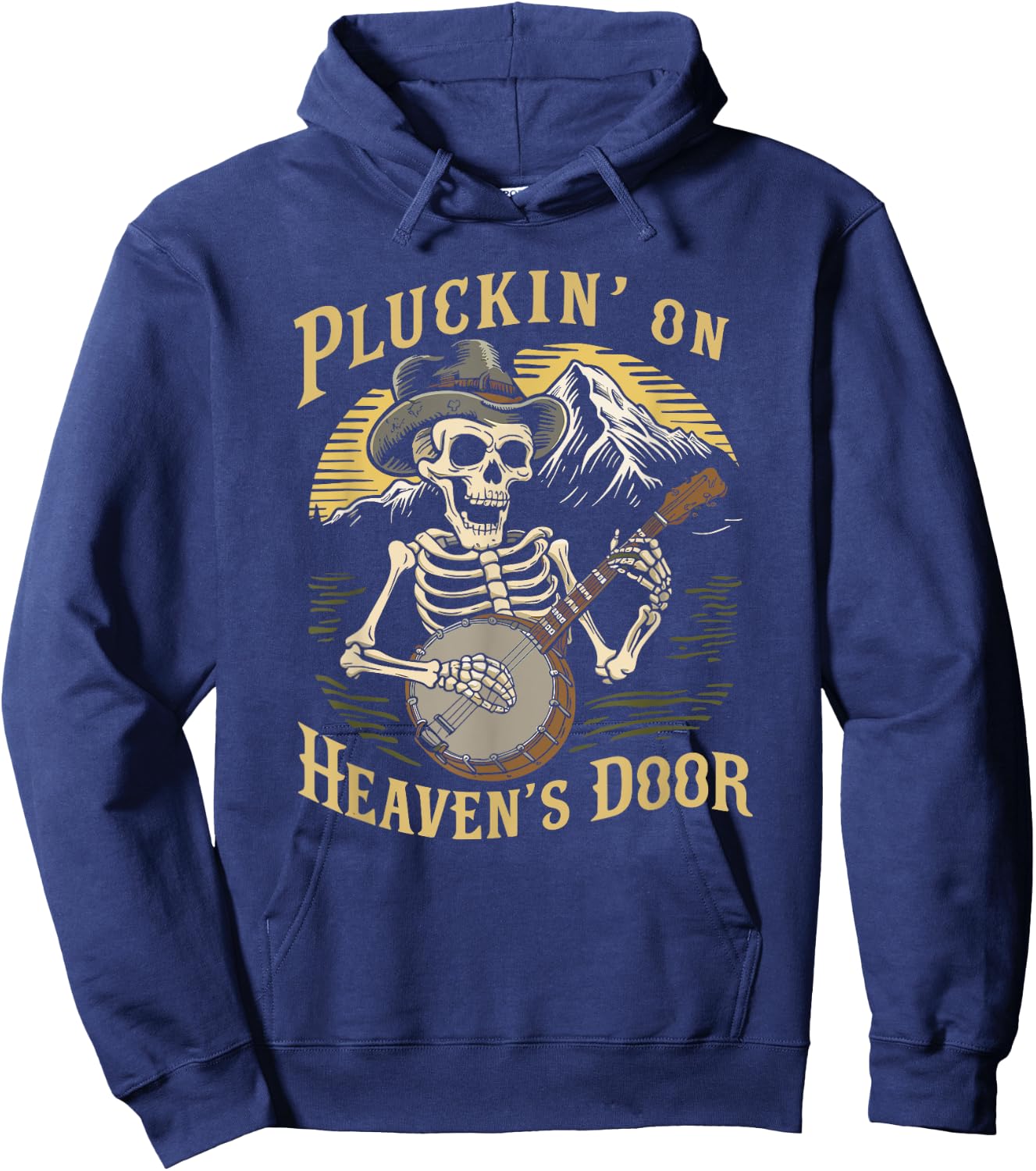 Bluegrass Music, Banjo Skeleton Pluckin on Heavens Door Hoodie - Hoodie | Navy