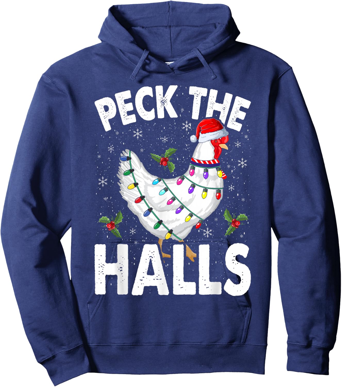 Peck the Halls | Chicken Christmas Santa Hat Hoodie - Hoodie | Navy