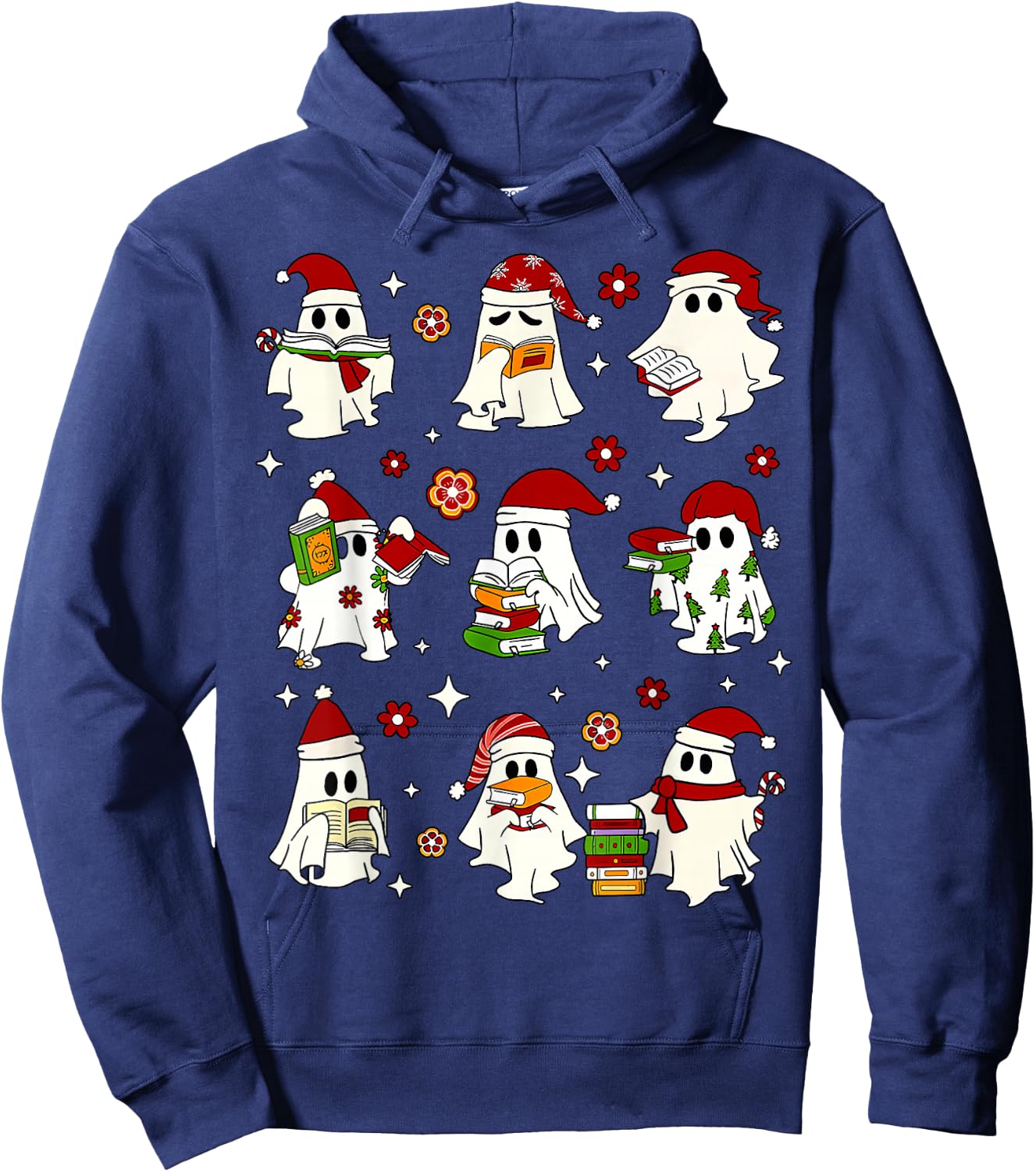 Funny Santa Ghost Reading Books Christmas Library Teacher Hoodie - Hoodie | Navy