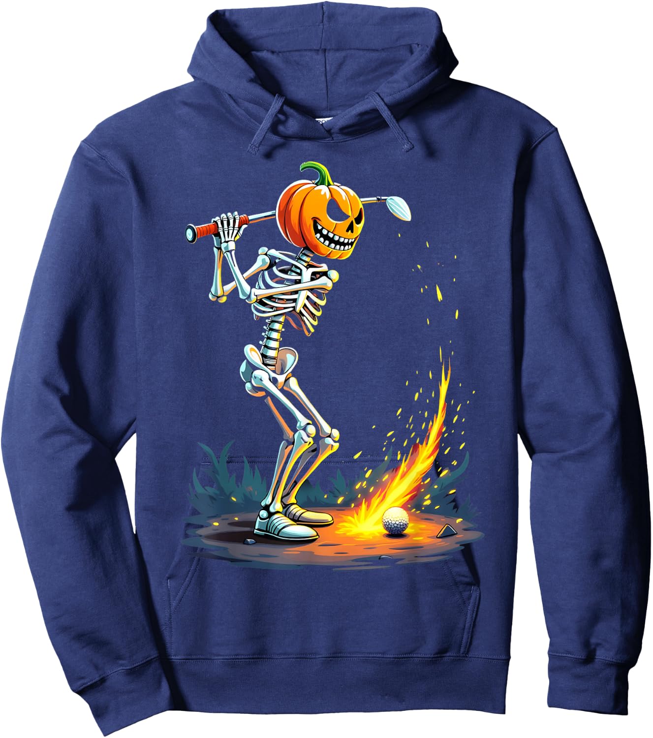 Pumpkin Head Skeleton Playing Golf Fireball Hoodie - Hoodie | Navy