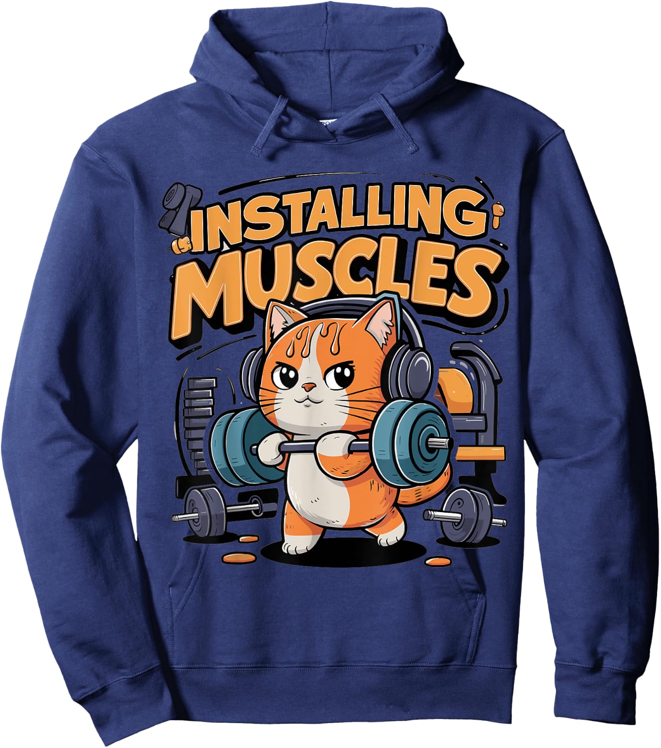 Funny Cat Installing Muscles Please Wait Lifting Barbell Women Girls Kids Hoodie - Hoodie | Navy