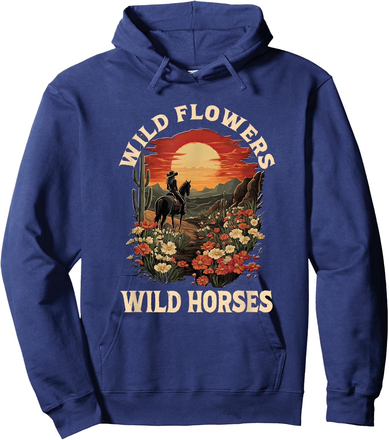 Western Sunset Cowgirl Riding Horse Wild Flowers Wild Horses Hoodie - Hoodie | Navy