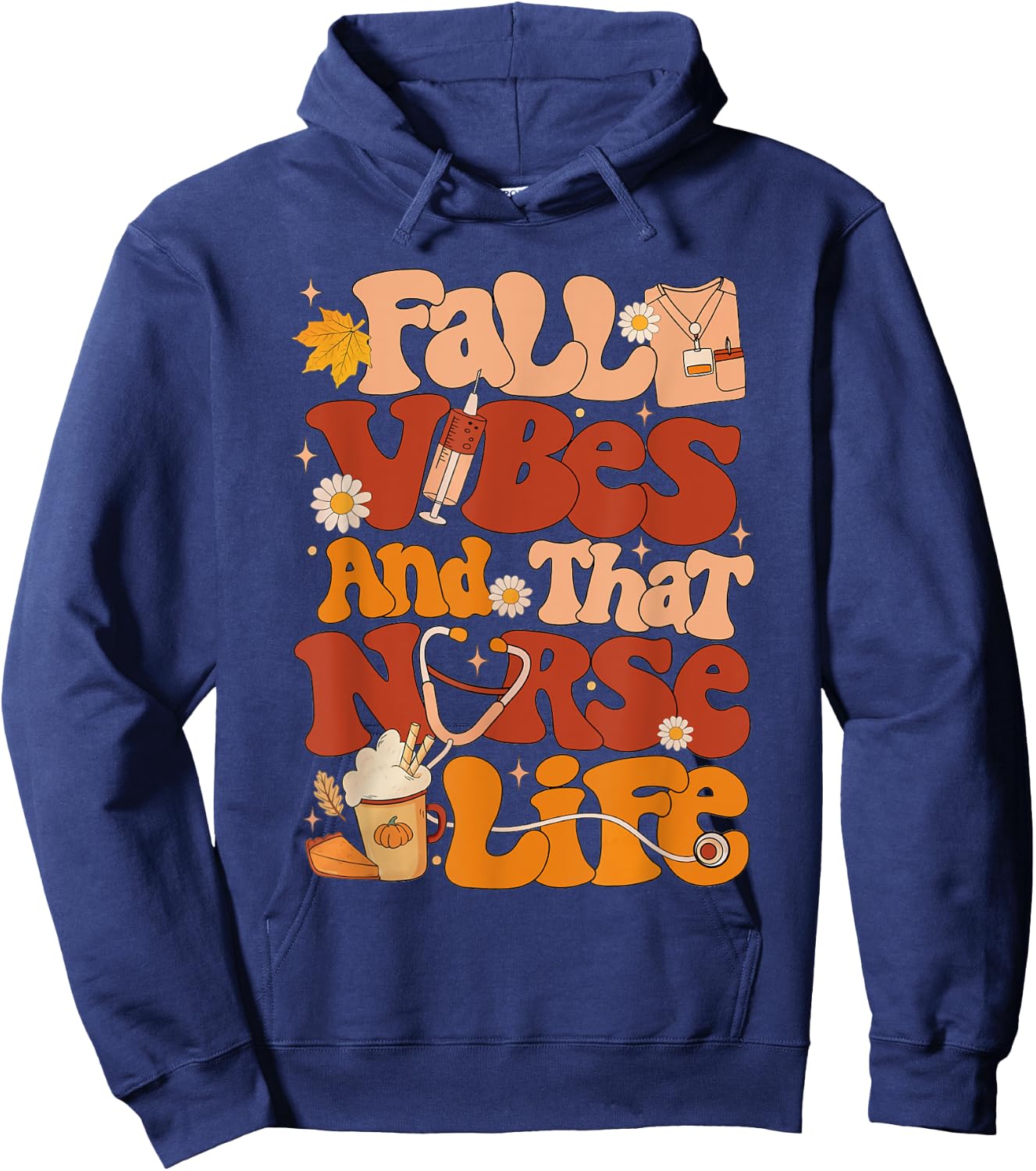 Retro Fall Vibes and That Nurse Life Thanksgiving Nurse Fall Hoodie - Hoodie | Navy