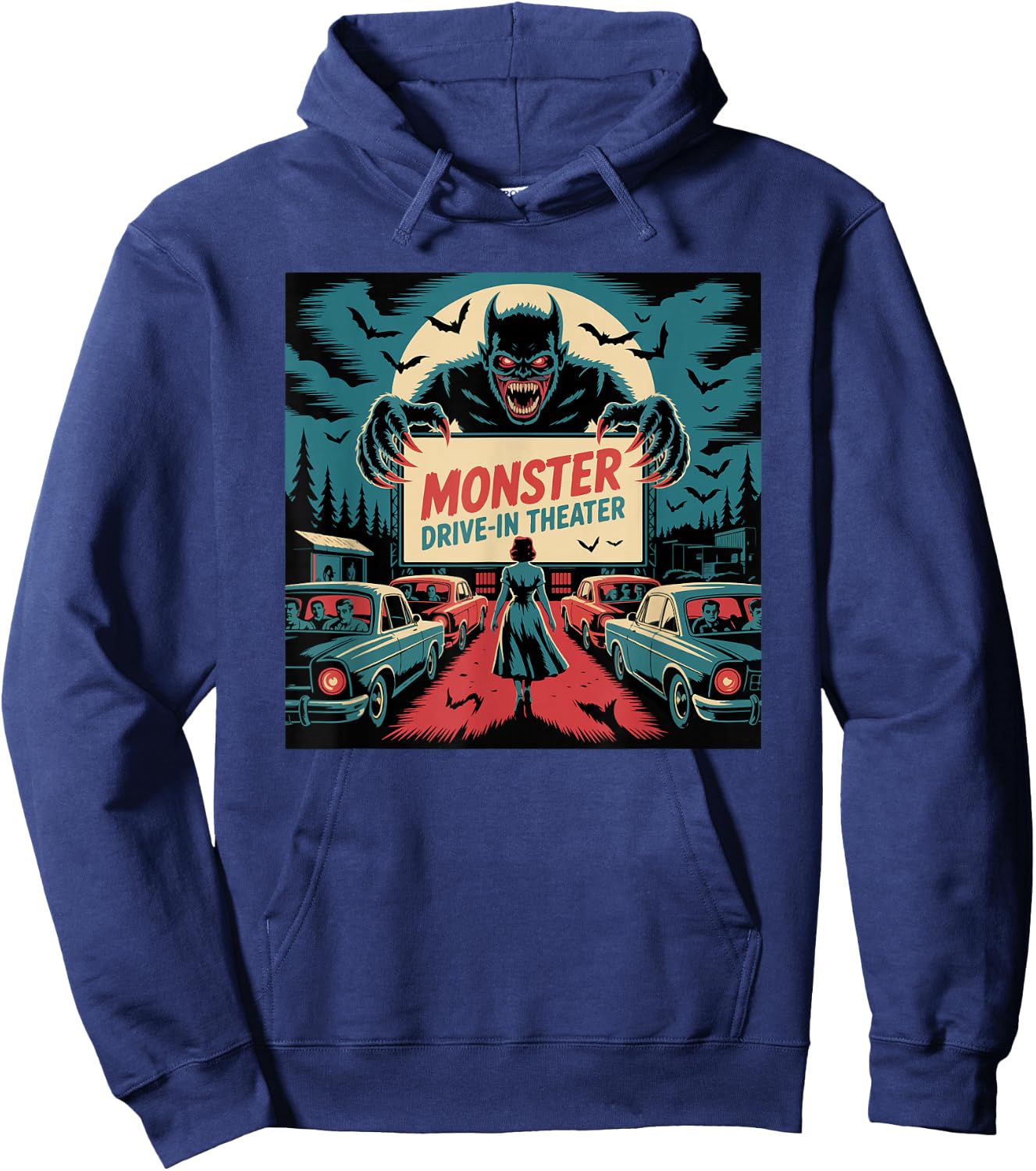 Retro Monster Drive-In Horror Movie Art Vintage Hoodie - Hoodie | Navy