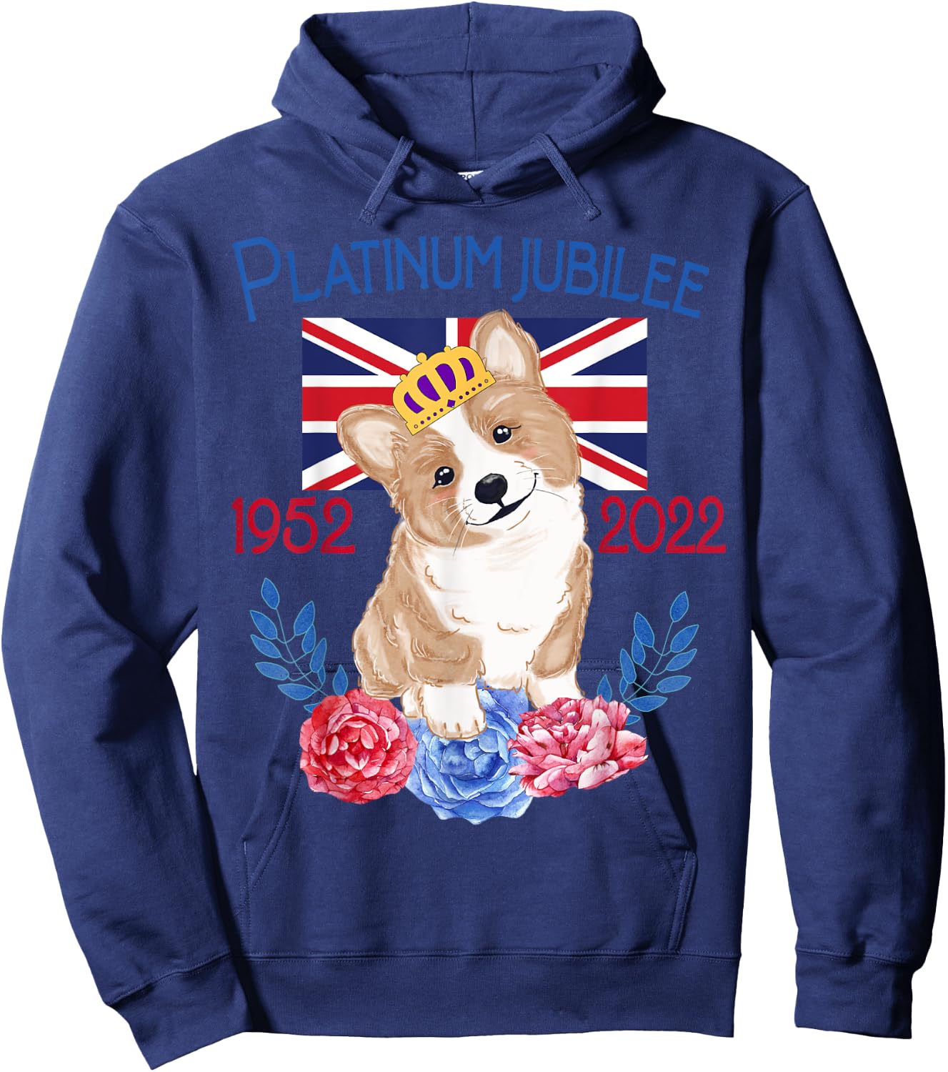 Queen's Platinum Jubilee 1952-2022 Funny Corgi UK Flag Hoodie - Hoodie | Navy