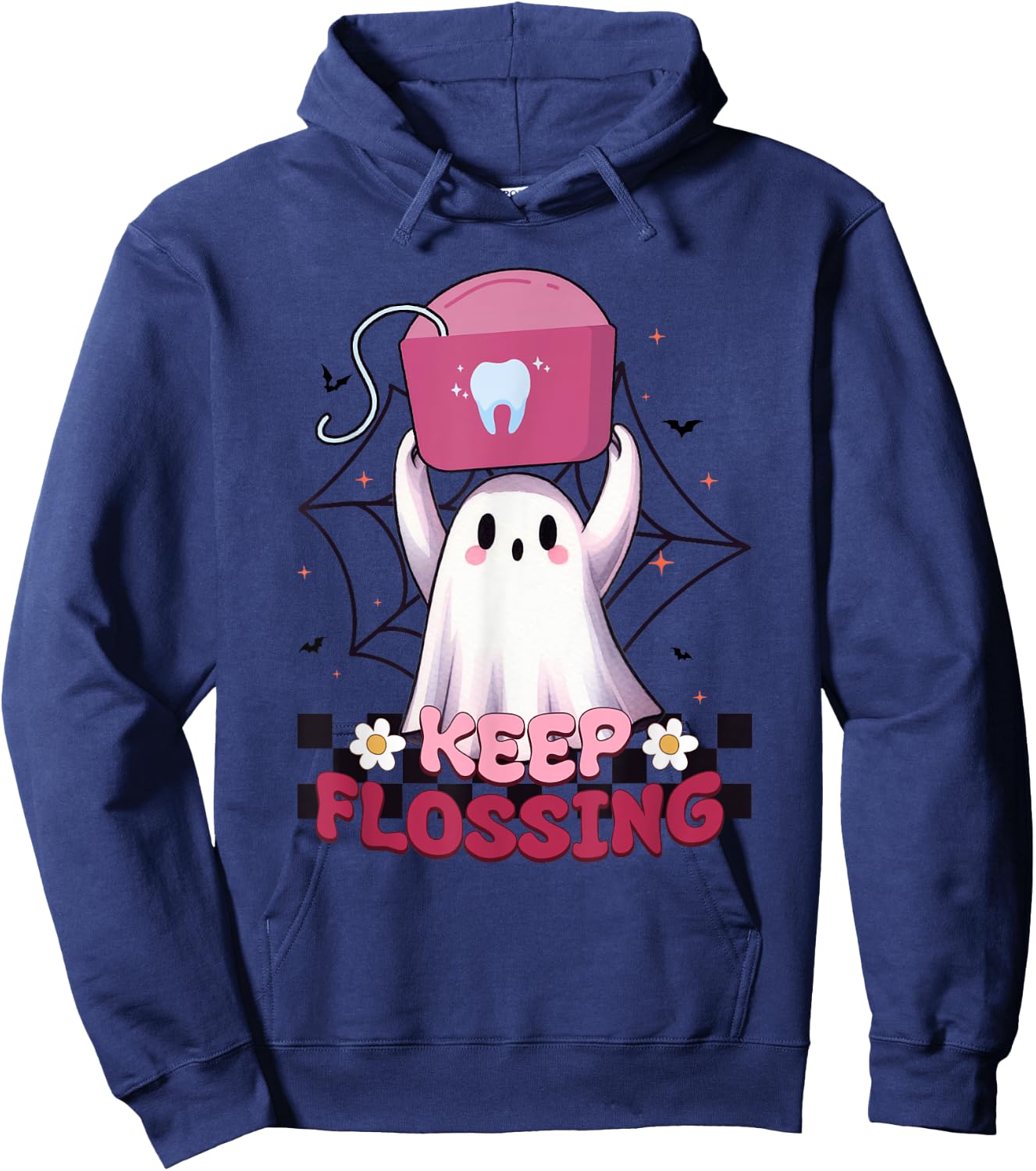 Keep Flossing Ghost Groovy Dental Hygiene Halloween Crew Hoodie - Hoodie | Navy
