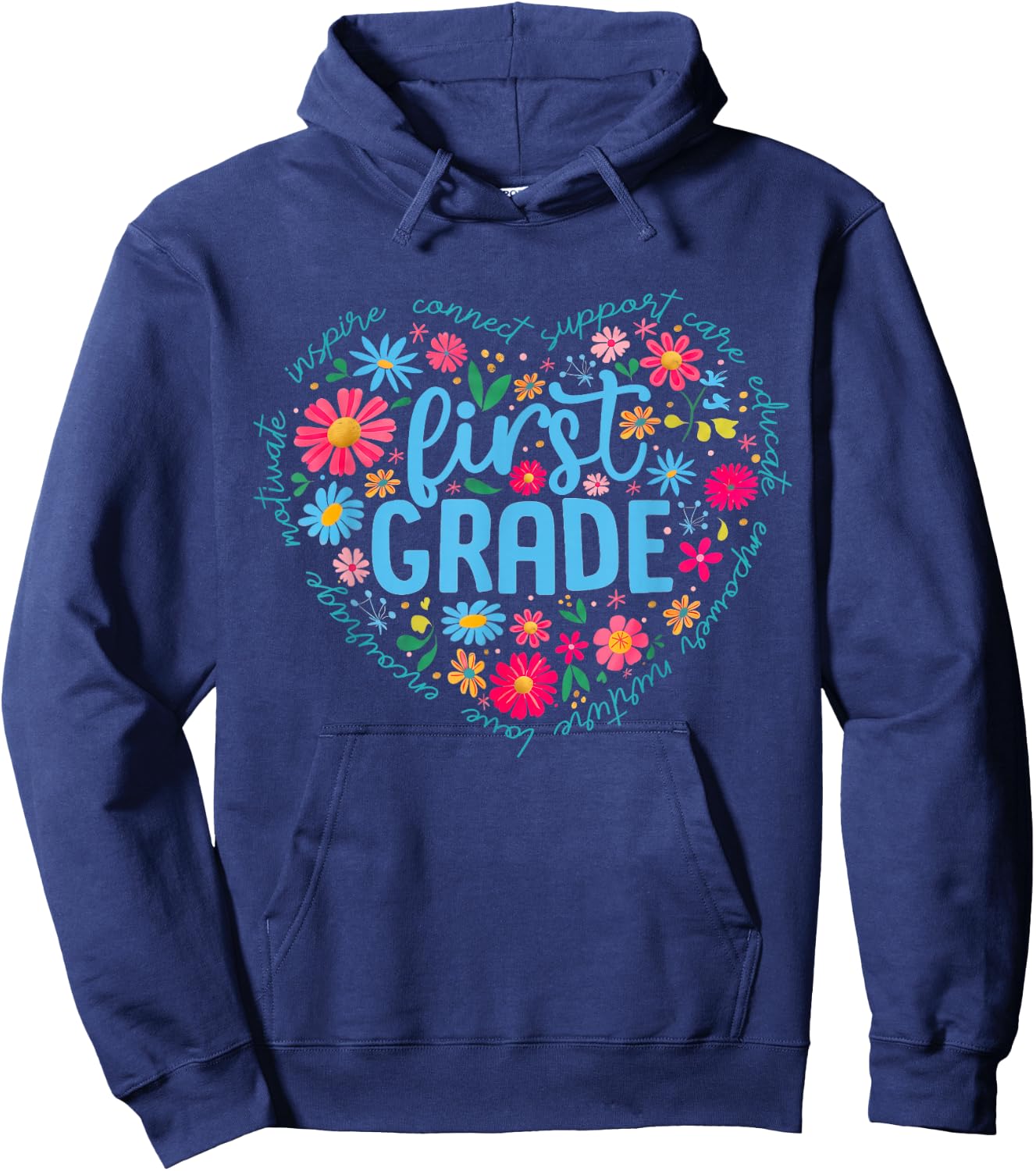 1st First Grade Floral Heart Back to School Teacher Girls Hoodie - Hoodie | Navy
