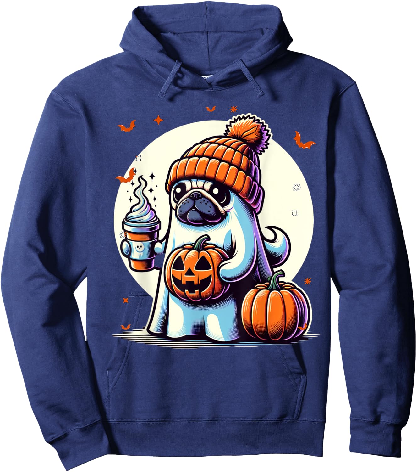 Ghost Pug Pumpkin Drinks Beanie Fall Halloween Hoodie - Hoodie | Navy
