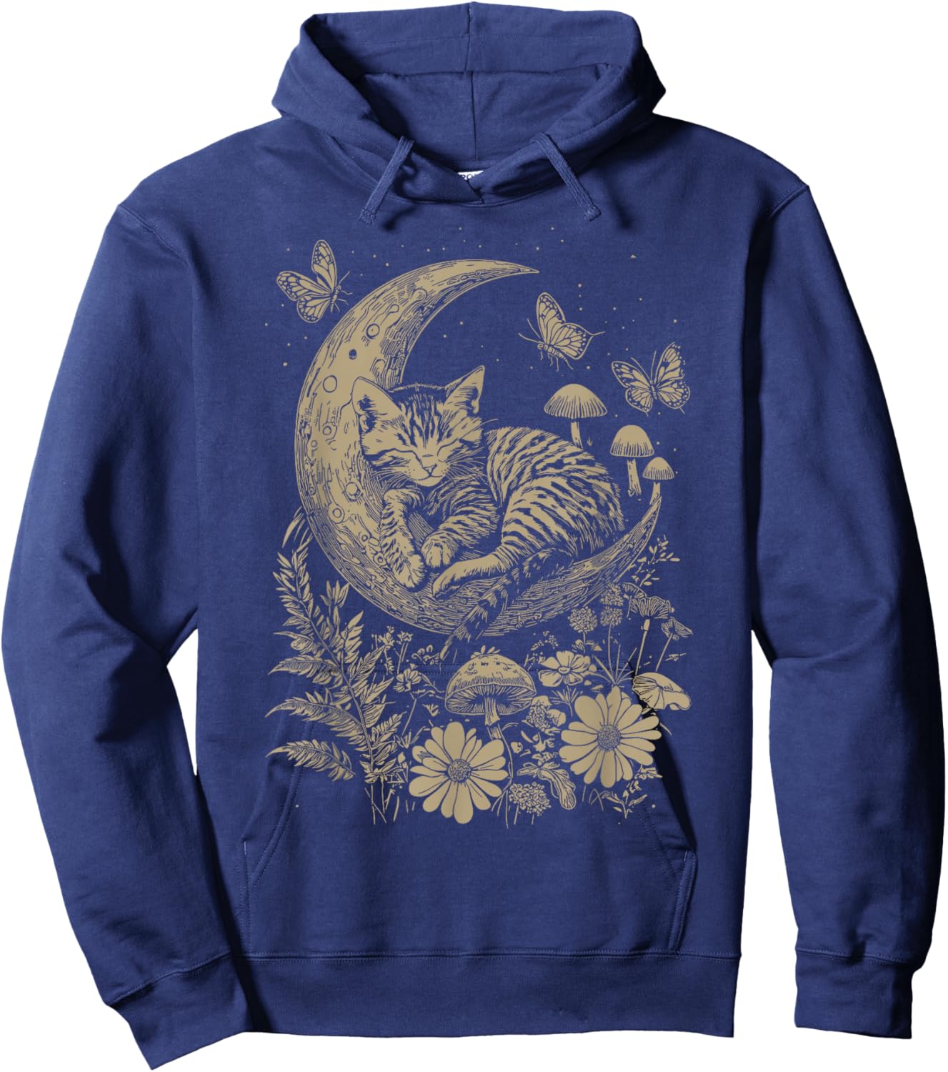 Cute Fairycore Floral Cat Sleeping Moon Aesthetic Girl Women Hoodie - Hoodie | Navy