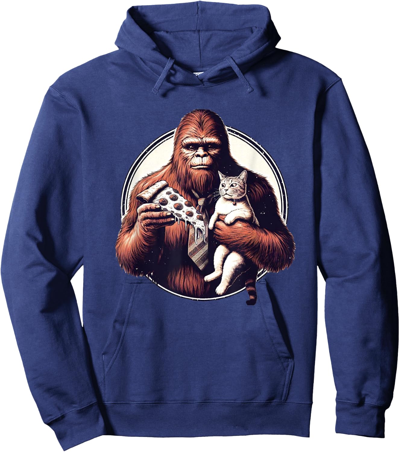 Funny Bigfoot Sasquatch Pet Cat Eating Pizza Adventures Women Kids Hoodie - Hoodie | Navy