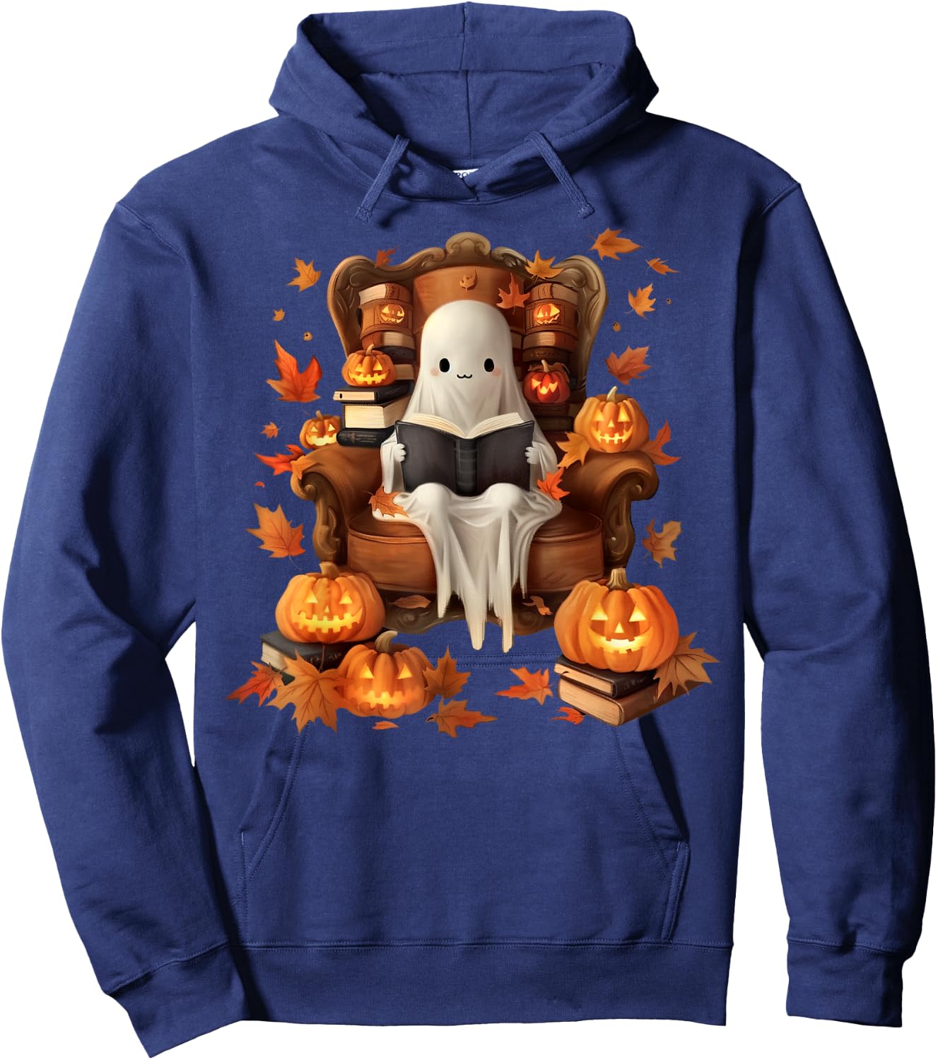 Vintage Ghost Book Reading Pumpkin Gothic Halloween Teachers Women Kids Hoodie - Hoodie | Navy