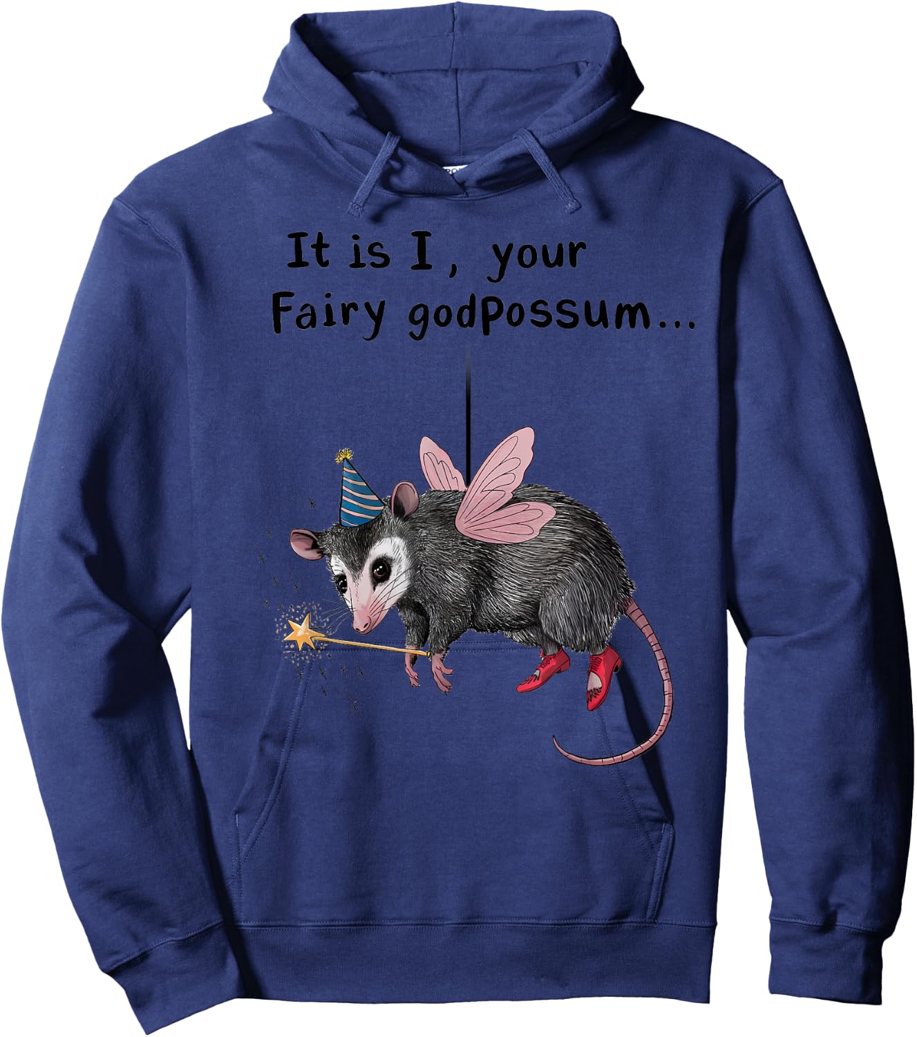 Whimsical Humor It Is I Your Fairy Godpossum -Adults Grey Short Sleeve Small Modern Cartoon Animal Humorous Cartoon Animal Hoodie - Hoodie | Navy