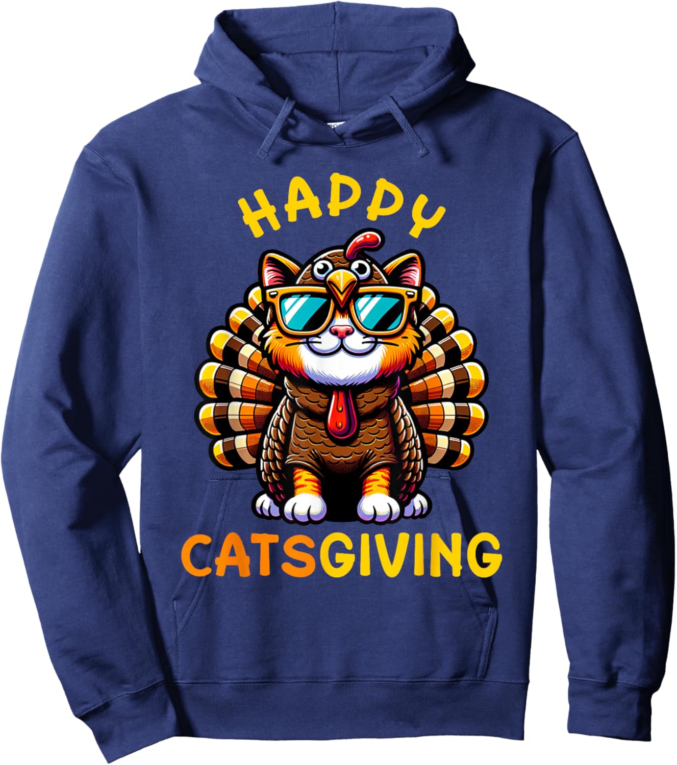 Happy Catsgiving Thanksgiving Funny Turkey Cat Men Women Girls Kids Hoodie - Hoodie | Navy