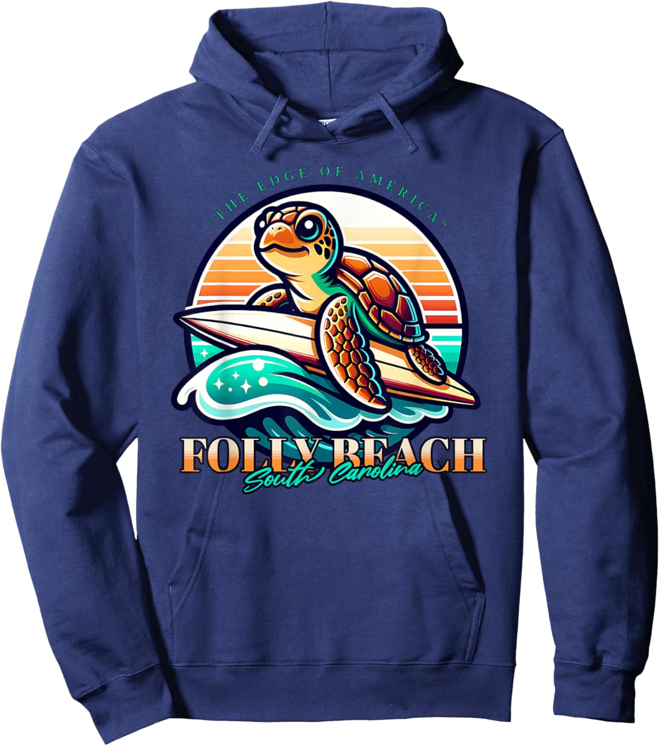 Folly Beach South Carolina Loggerhead Sea Turtle Retro Sun Women Kids Hoodie - Hoodie | Navy