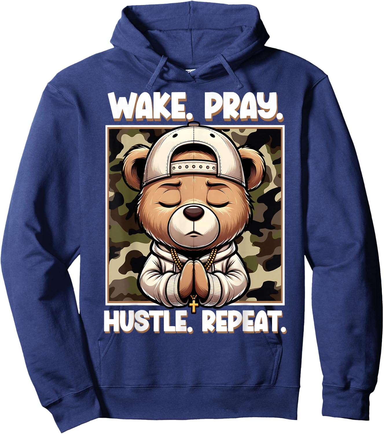 Wake Pray Hustle Repeat Hip Hop Teddy Bear Boys Teens Camo Hoodie - Hoodie | Navy