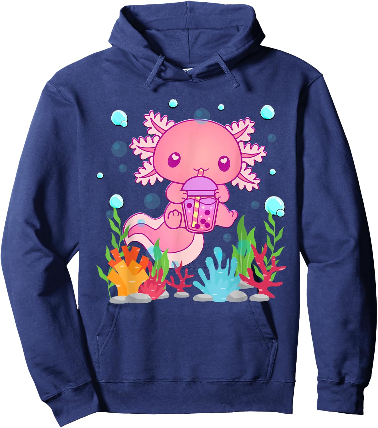 Cute Axolotl Boba Tea Kawaii Anime Teen Girls Kids Boys Hoodie - Hoodie | Navy