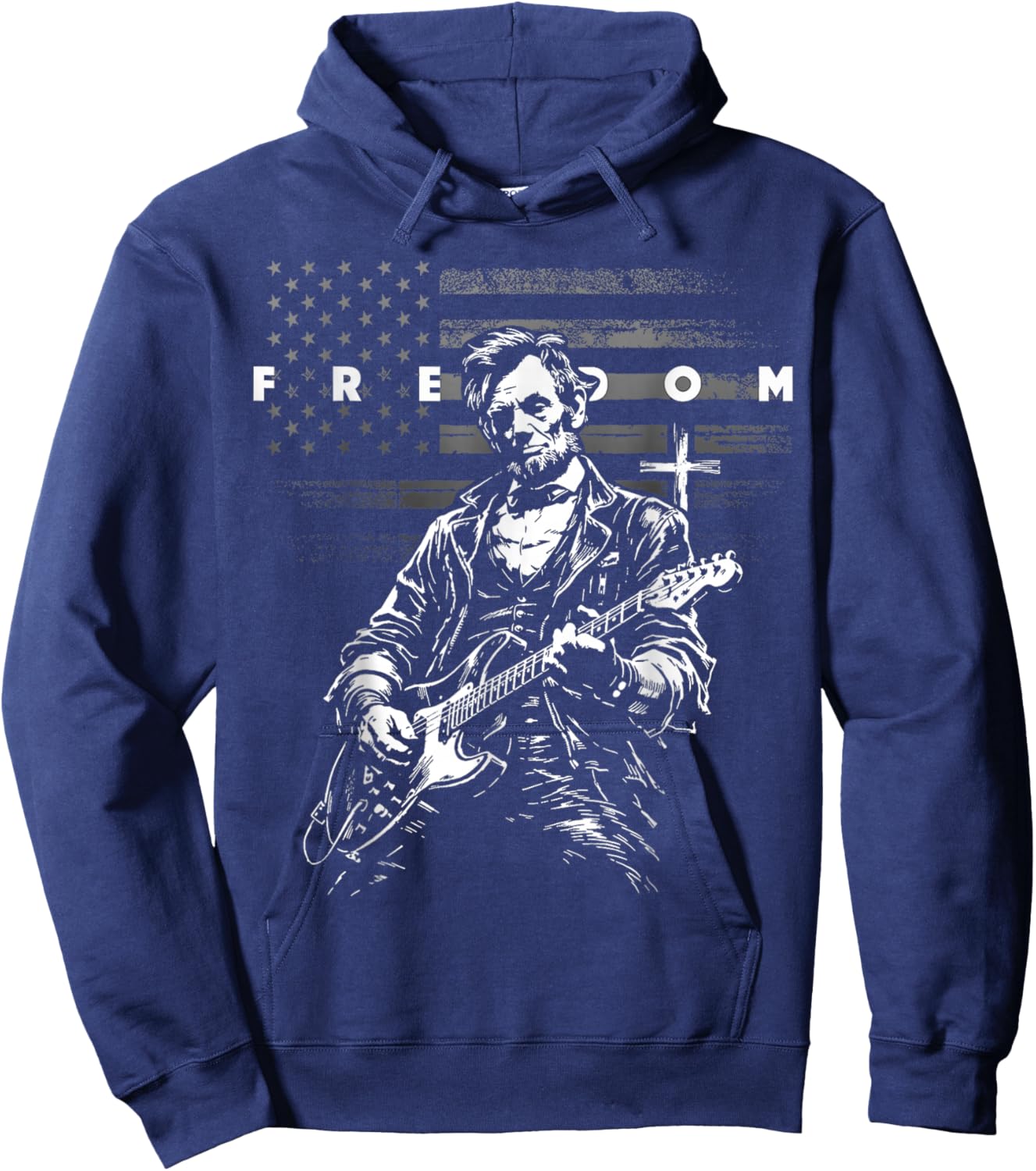 American Flag and Cross Faith Freedom Abe Lincoln Guitar Hoodie - Hoodie | Navy