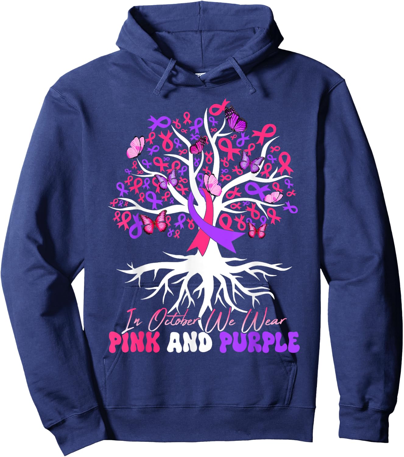 Domestic Violence Breast Cancer Awareness Month Ribbon Tree Hoodie - Hoodie | Navy