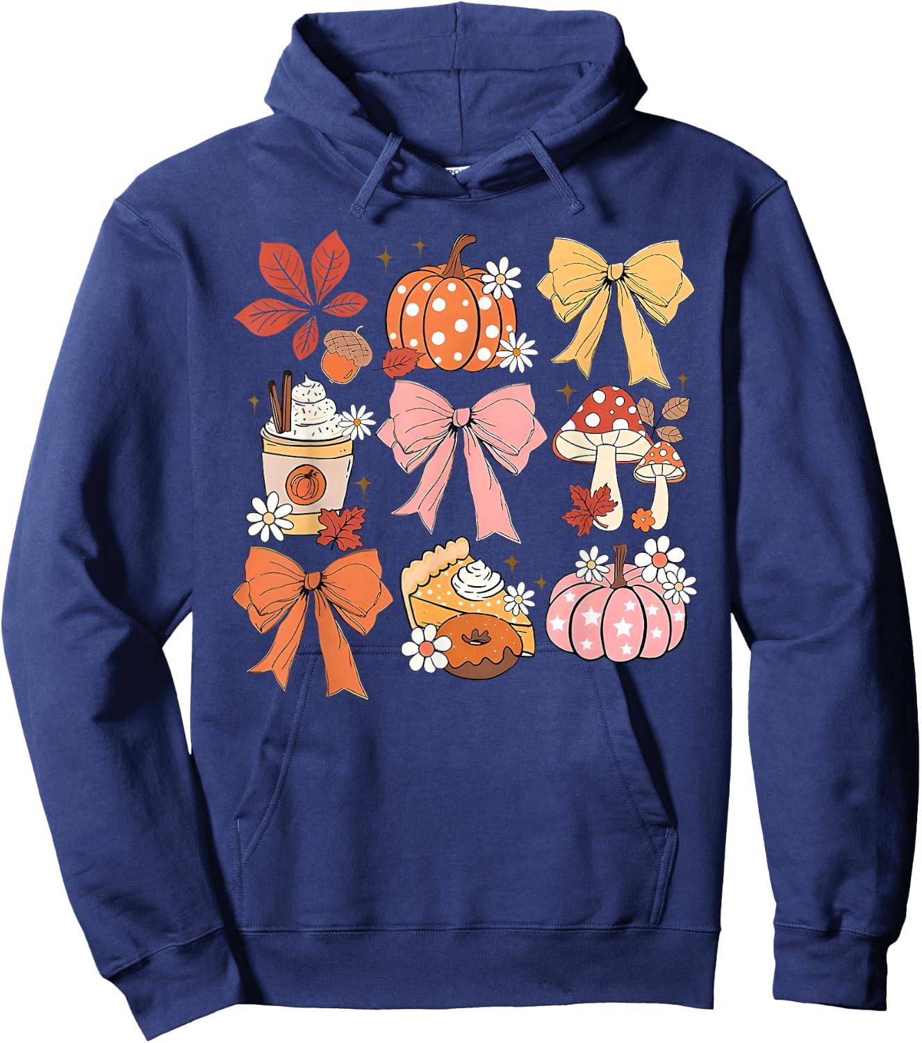 Coquette Bow Pumpkin Season Thanksgiving Autumn Fall Leaves Hoodie - Hoodie | Navy