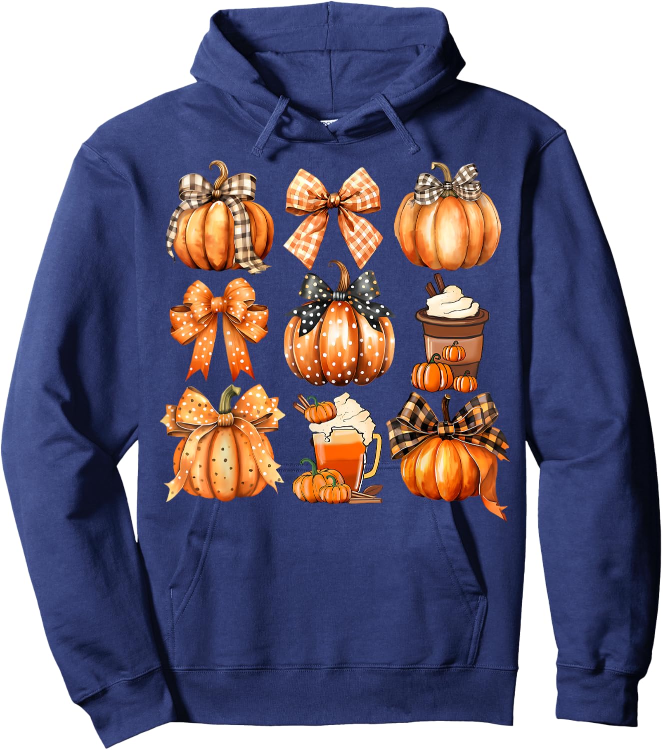 Retro Thanksgiving Pumpkin Coquette Bow Pumpkin Spice Plaid Hoodie - Hoodie | Navy