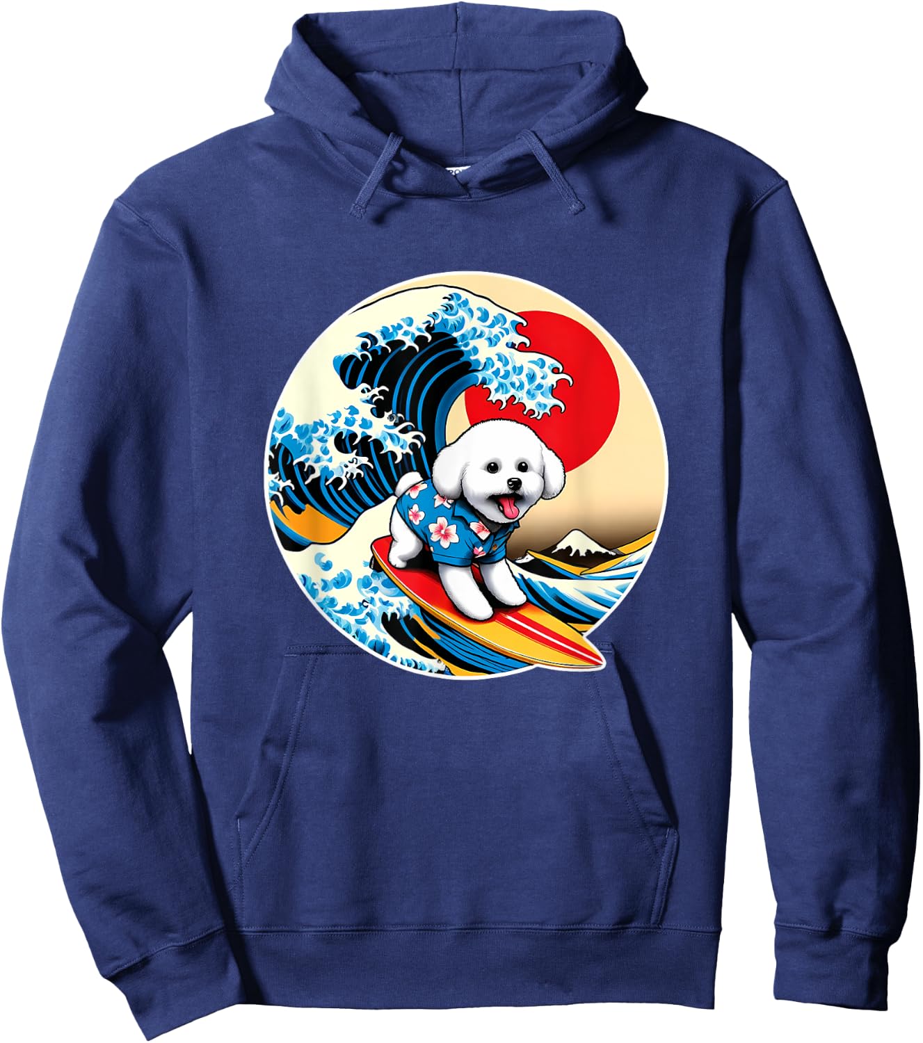 Great Wave Kanagawa Bichon Frise Dog Surfing Hoodie - Hoodie | Navy