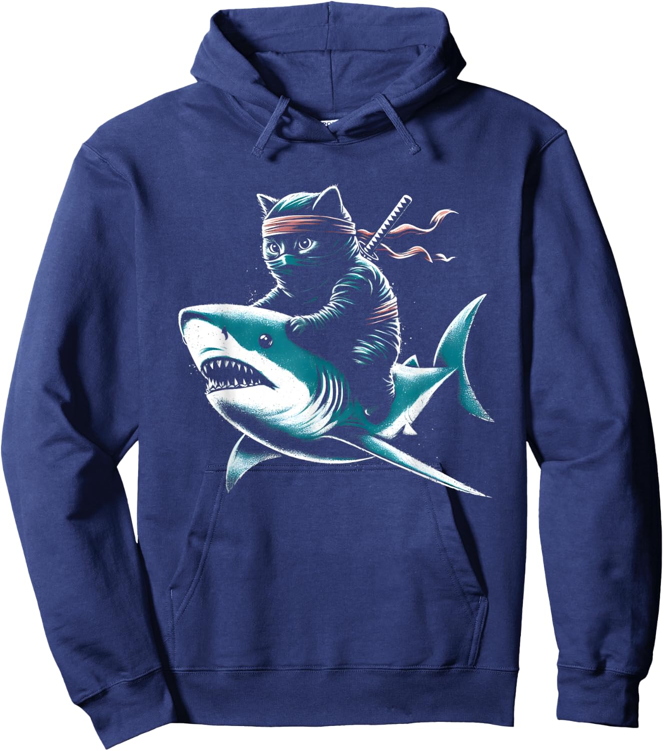 Ninja Cat Riding Shark - Funny Graphic Cat Kitten Lover Women Kids Hoodie - Hoodie | Navy