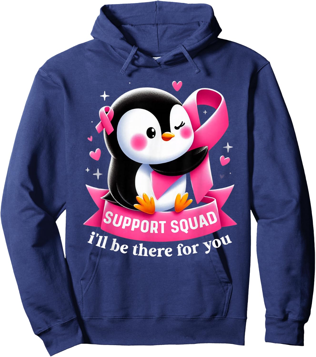Support Squad Penguin Breast Cancer Awareness Pink Ribbon Hoodie - Hoodie | Navy