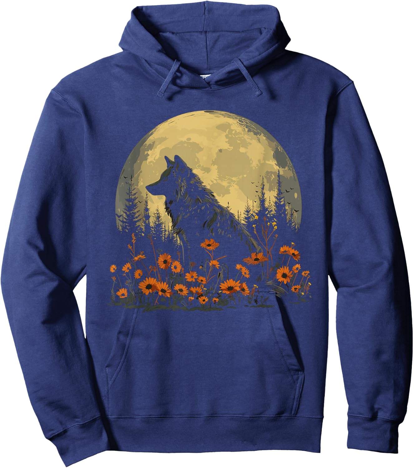 Wolf Floral Full Moon Wolves Flowers Hoodie - Hoodie | Navy