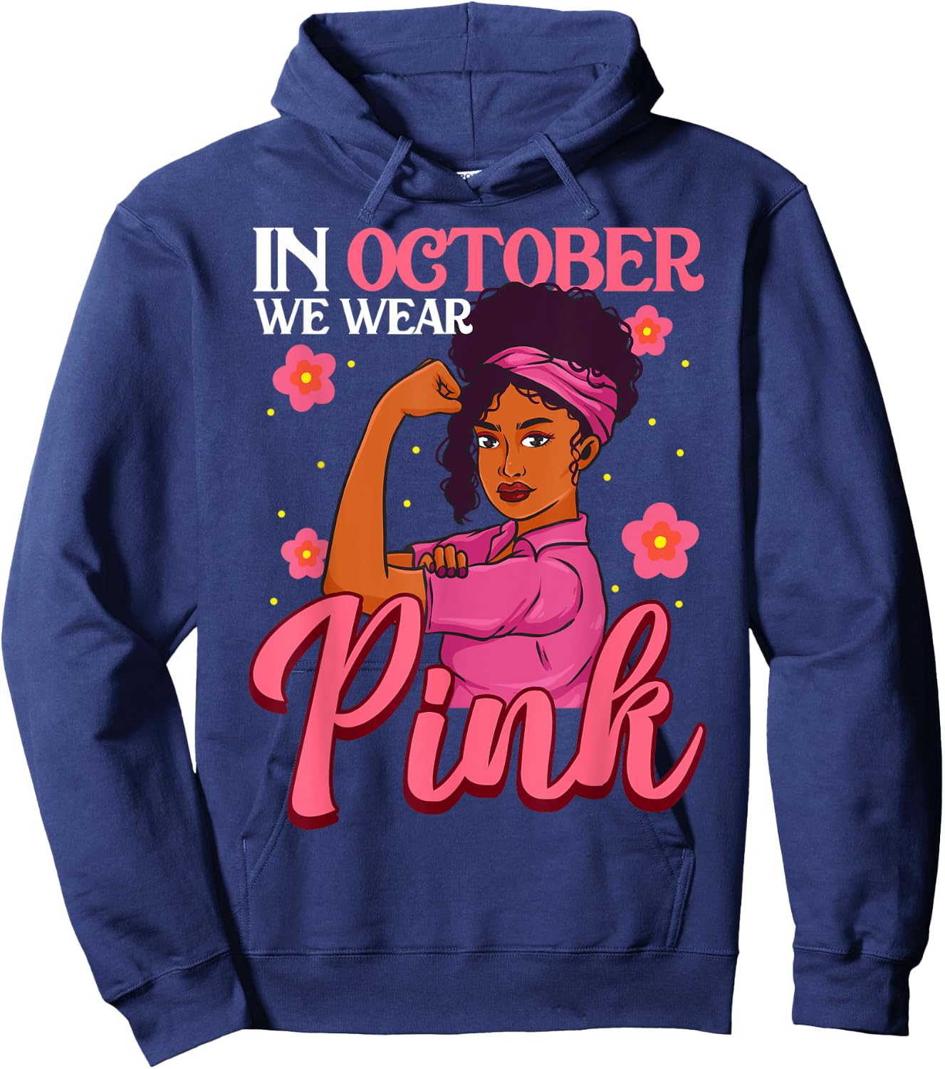 October We Wear Pink Black Woman Breast Cancer Awareness Hoodie - Hoodie | Navy