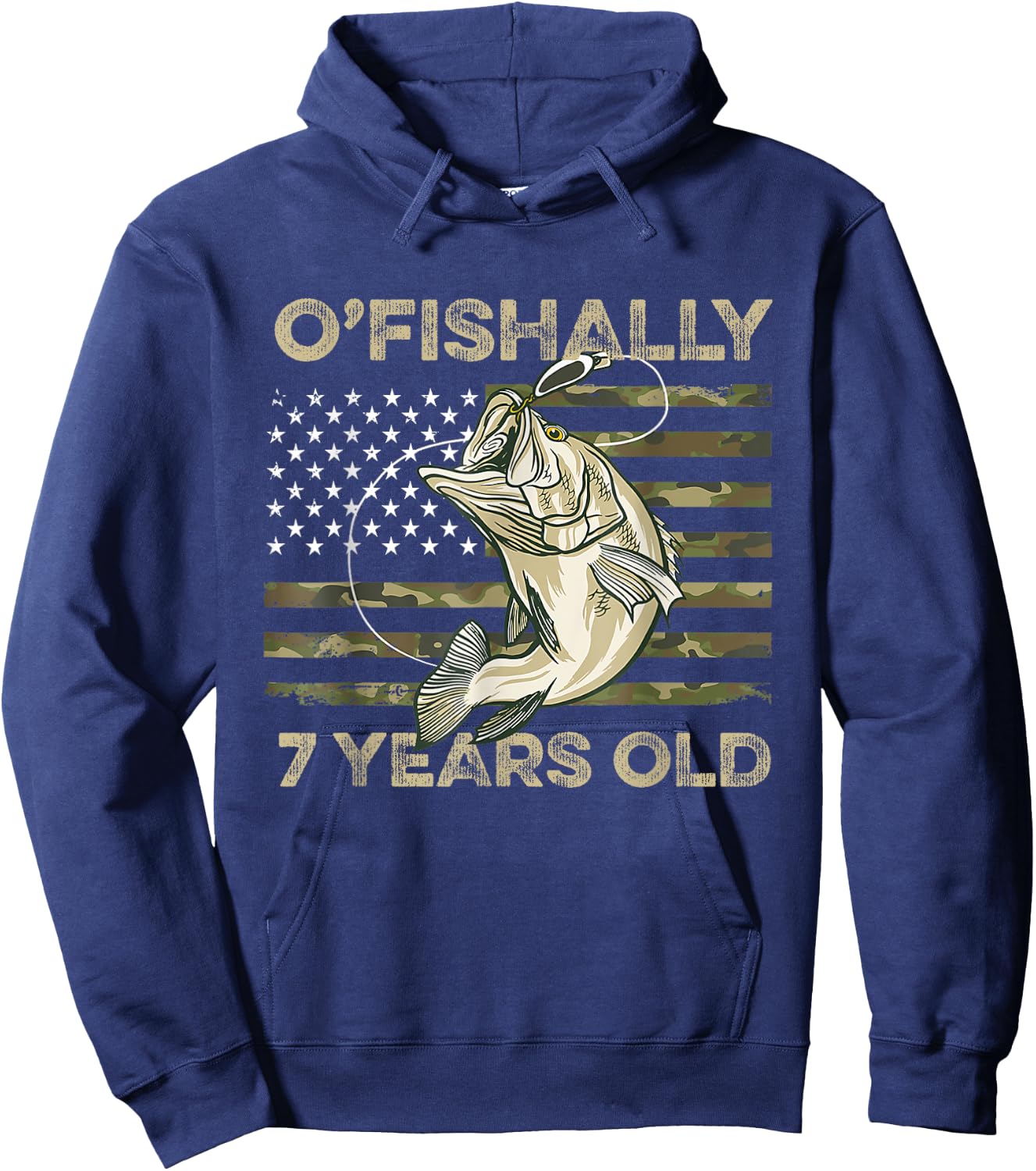Ofishally 7 Year Old Shirt 7th Birthday US Flag Fishing Hoodie - Hoodie | Navy