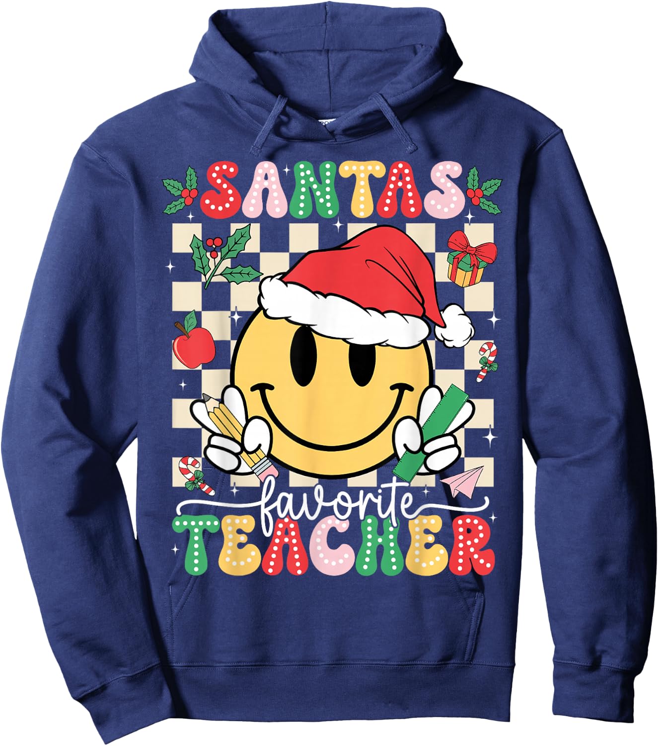 Santas Favorite Teacher Retro Groovy Smile Face Christmas Hoodie - Hoodie | Navy